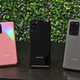 From left to right: The Galaxy S20 in Cloud Pink, the Galaxy S20+ in Cosmic Black, and the Galaxy S20 Ultra in Cosmic Gray.